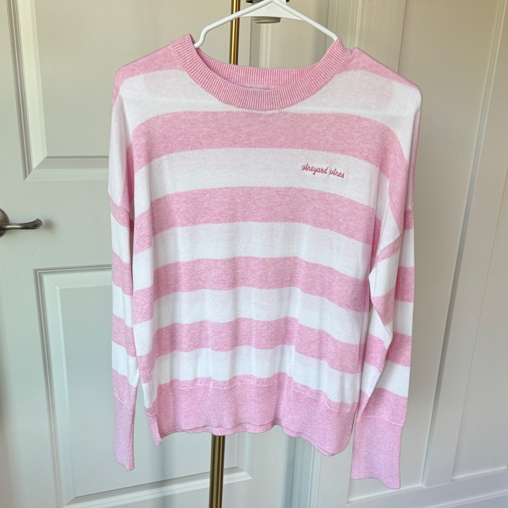 Vineyard Vines Pink and White Striped Crew Neck Sweater